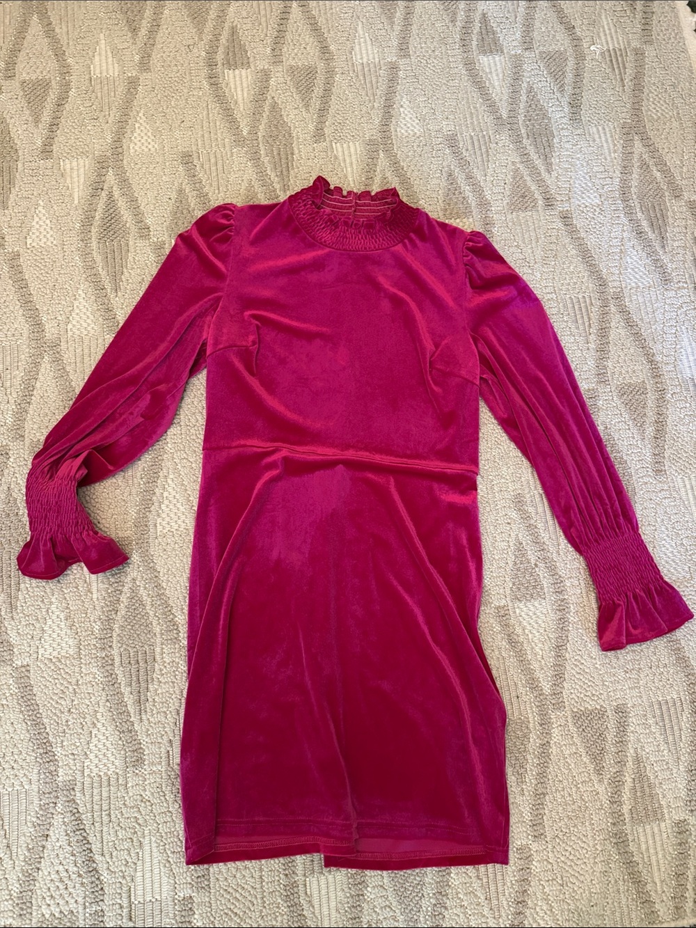 Velvet Long-Sleeve Dress in Fuchsia